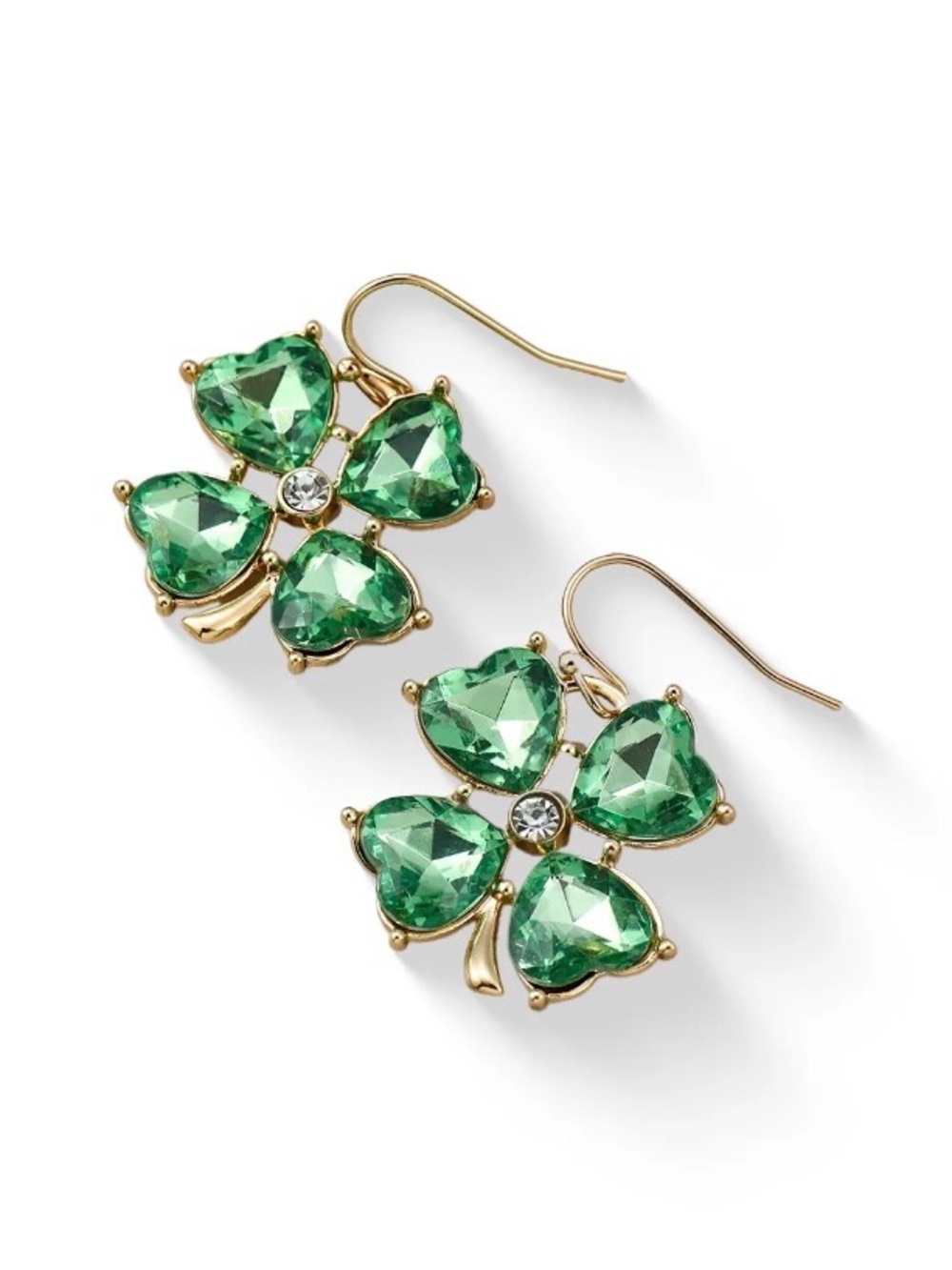 New St Patrick’s Day Green Crystal Clover Drop Earrings - Gold Tone